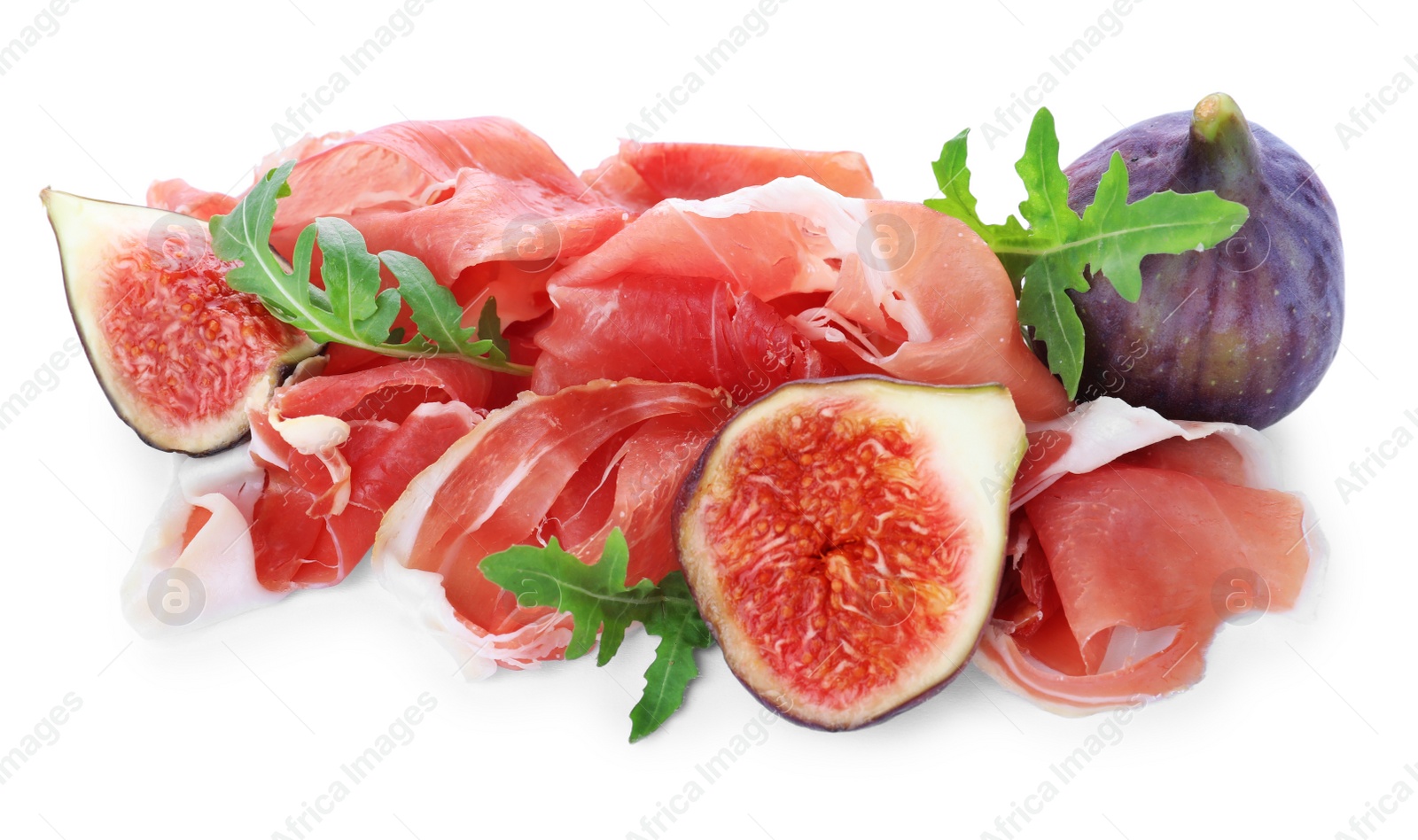 Photo of Delicious ripe figs, prosciutto and arugula on white background