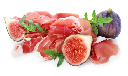 Delicious ripe figs, prosciutto and arugula on white background