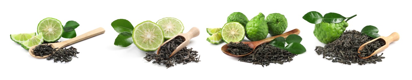 Image of Set with dry tea leaves and bergamot fruits on white background. Banner design