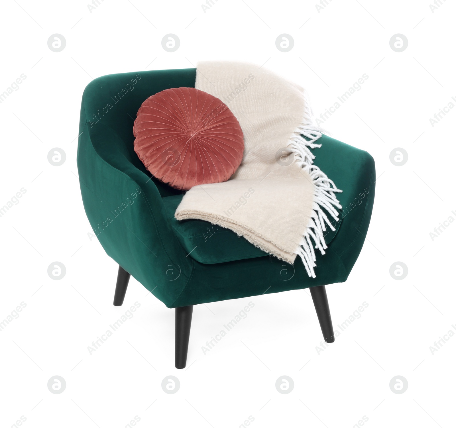 Photo of One stylish comfortable armchair with pillow and blanket isolated on white