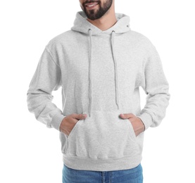 Young man in sweater isolated on white, closeup. Mock up for design