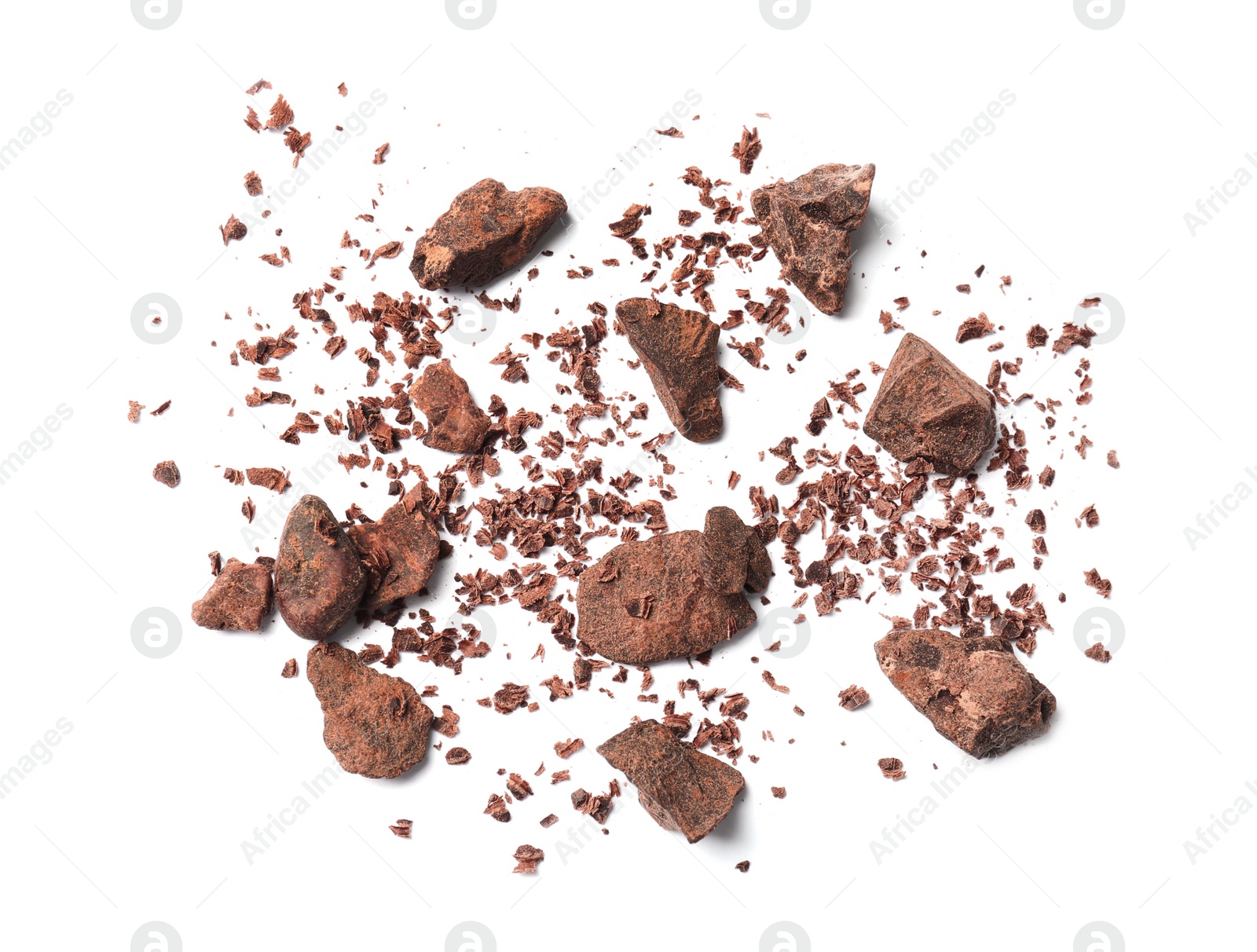 Photo of Delicious chocolate chunks on white background, top view