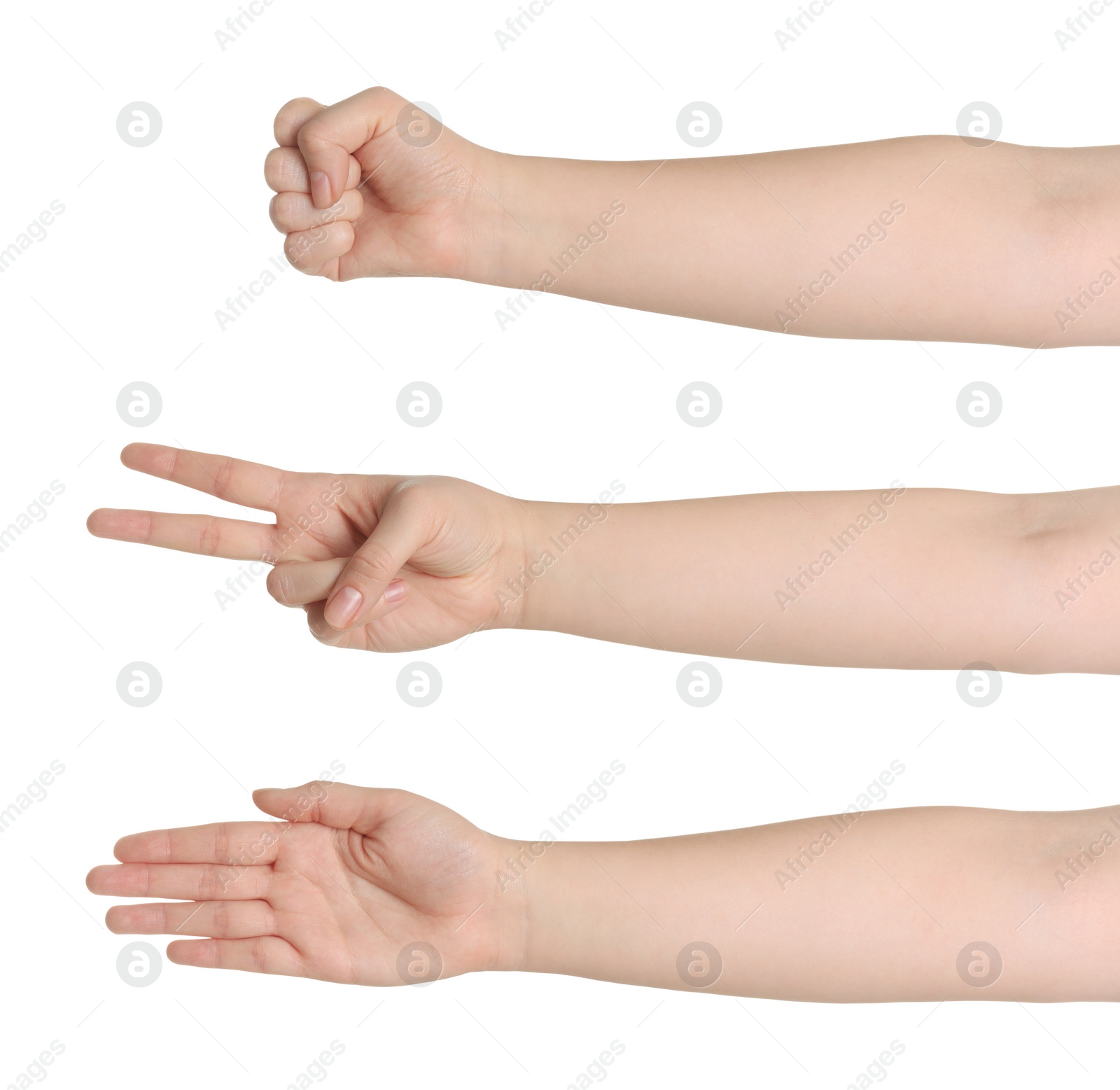 Image of People playing rock, paper and scissors on white background, closeup