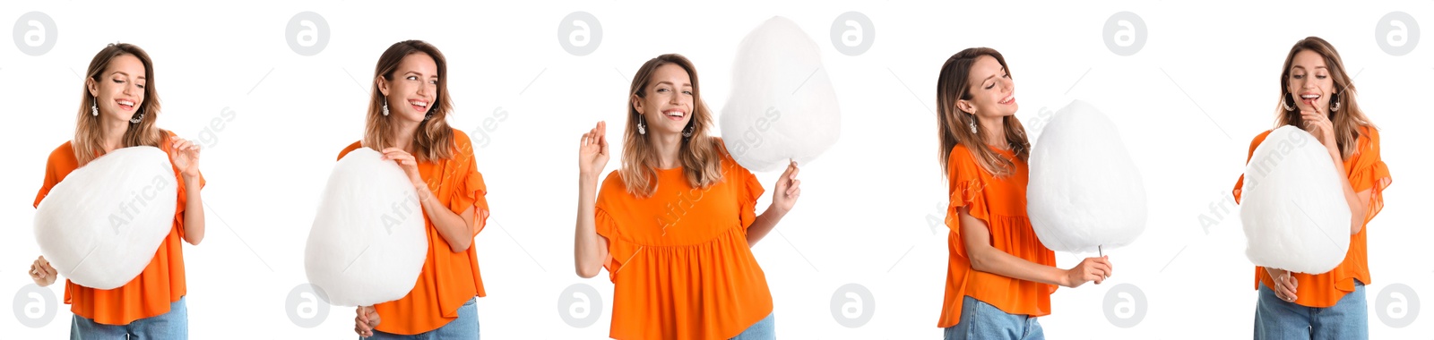 Image of Collage with photos of young woman holding cotton candy on white background. Banner design