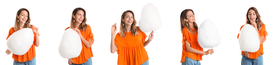 Image of Collage with photos of young woman holding cotton candy on white background. Banner design