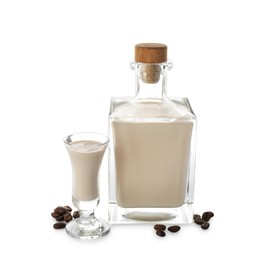 Coffee cream liqueur in bottle, glass and beans isolated on white