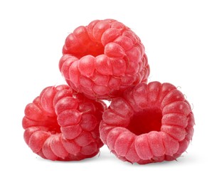 Three tasty ripe raspberries isolated on white