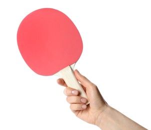 Photo of Woman holding ping pong racket on white background, closeup