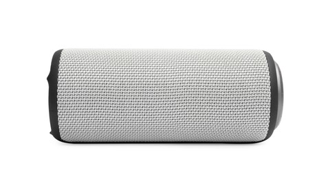 Photo of One portable bluetooth speaker isolated on white. Audio equipment