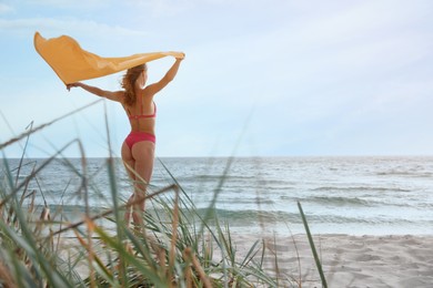 Beautiful woman with beach towel near sea