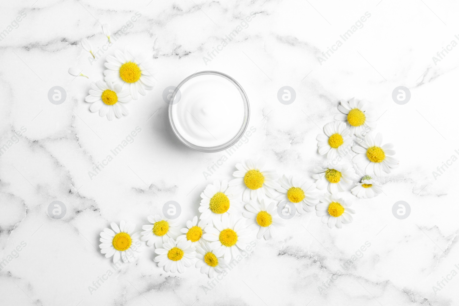 Photo of Chamomile flowers and jar of cream on white marble table, flat lay