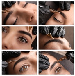 Image of Collage with different photos of women undergoing permanent eyebrow makeup