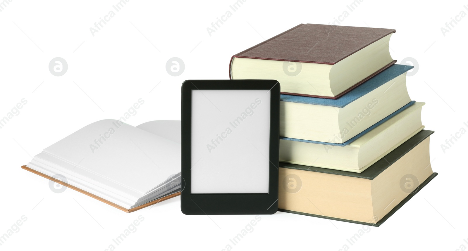 Photo of Modern e-book and stack of hardcover books isolated on white