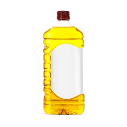 Image of Cooking oil in plastic bottle with empty label isolated on white. Mockup for design