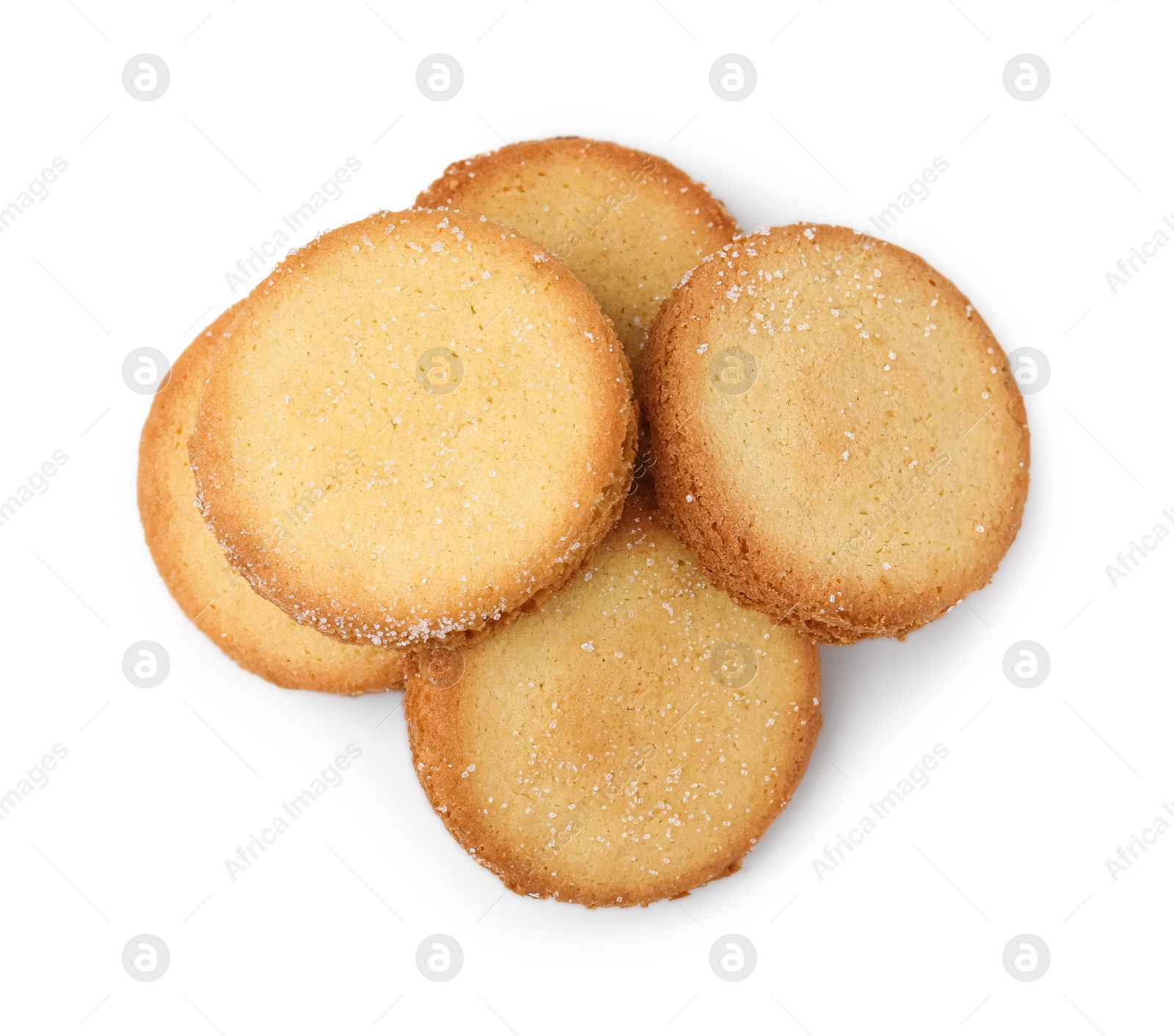 Photo of Tasty sweet sugar cookies isolated on white, top view