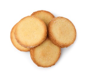 Photo of Tasty sweet sugar cookies isolated on white, top view