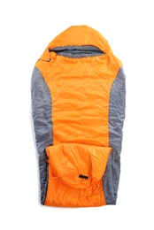 Photo of Sleeping bag on white background, top view. Camping equipment