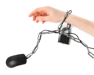 Photo of Woman chained to computer mouse on white background, top view. Internet addiction