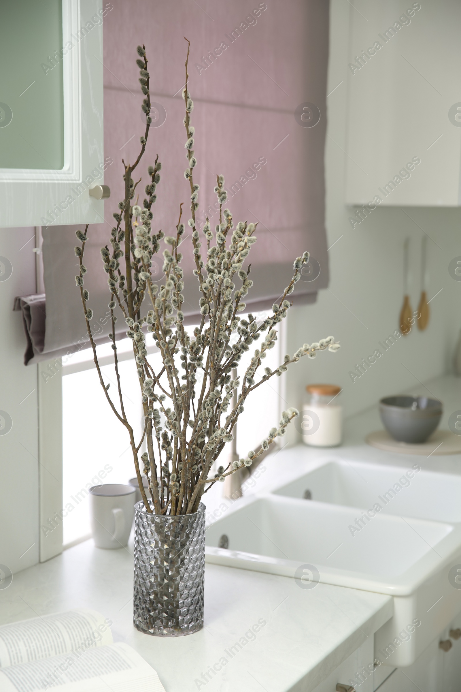 Photo of Beautiful blooming pussy willow branches in kitchen, space for text