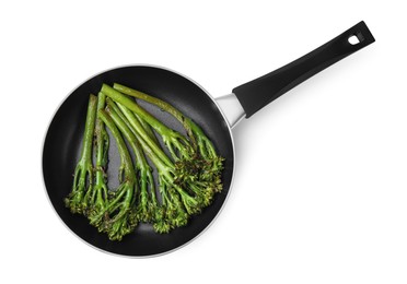 Frying pan with tasty cooked broccolini isolated on white, top view