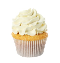 Photo of Tasty vanilla cupcake with cream isolated on white