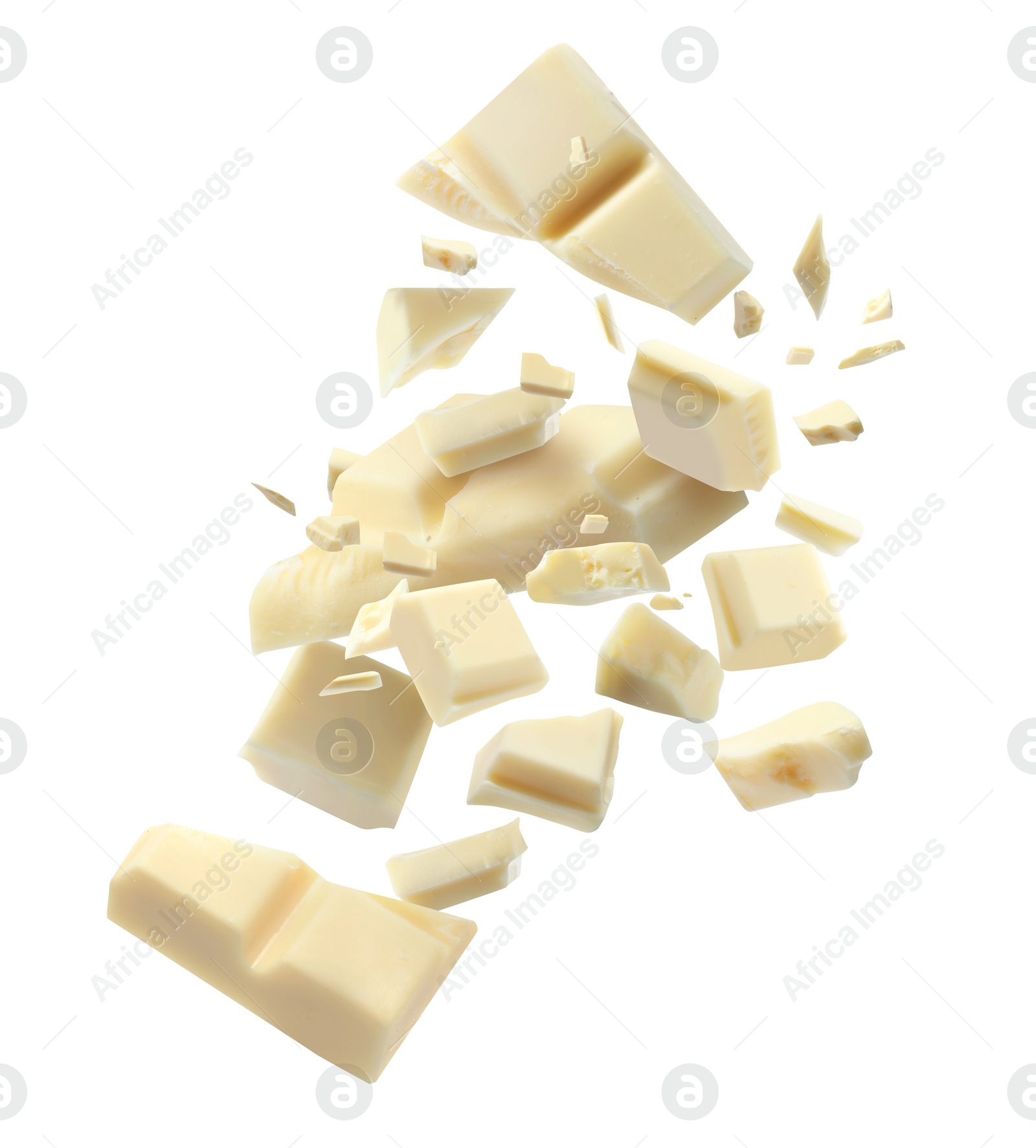 Image of Chocolate explosion, pieces shattering on white background