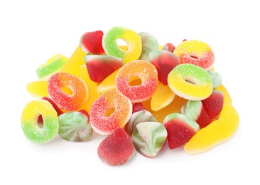 Photo of Pile of different jelly candies on white background