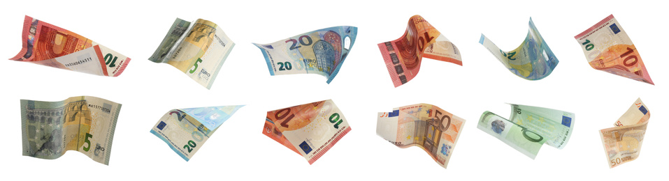 Image of Set of euro banknotes on white background. Banner design 