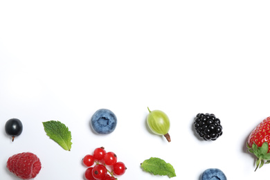 Photo of Mix of fresh berries on white background, flat lay. Space for text