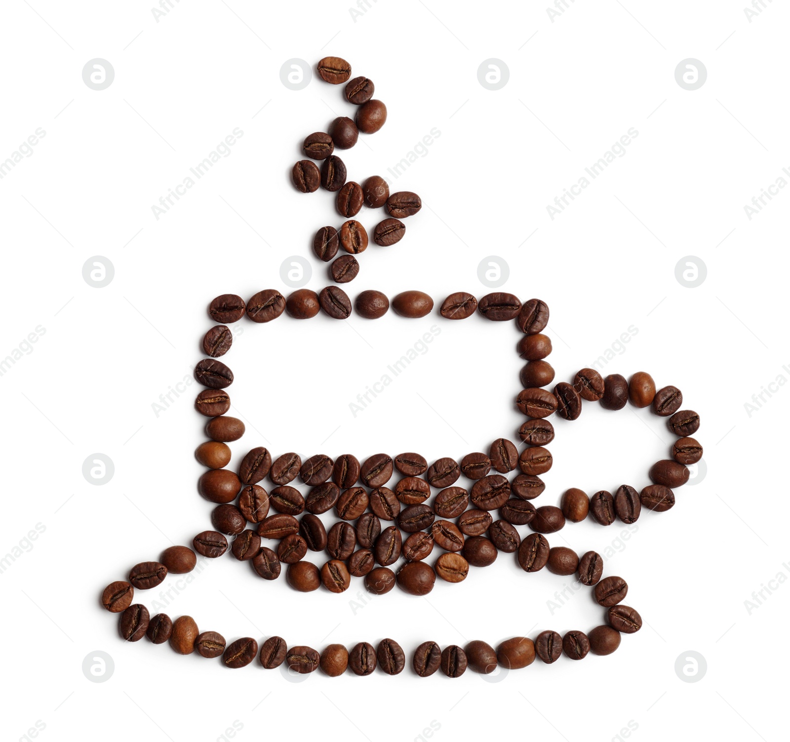 Photo of Cup of hot drink, composition made with coffee beans isolated on white, top view