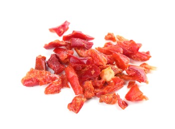 Aromatic spice. Pile of red chili pepper flakes isolated on white