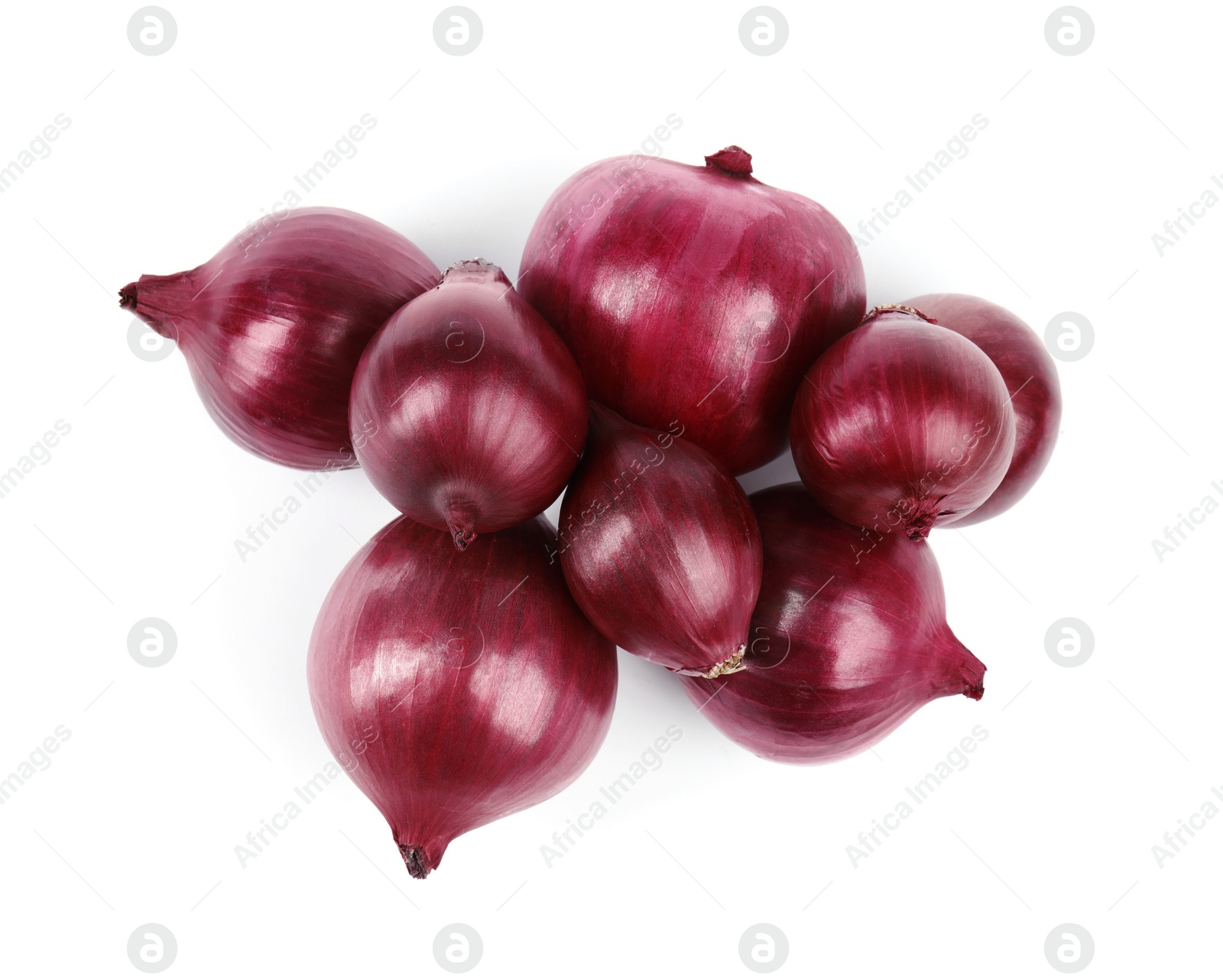 Photo of Fresh whole red onions on white background, top view