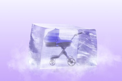 Conservation of genetic material. Baby carriage in ice cube as cryopreservation on violet background