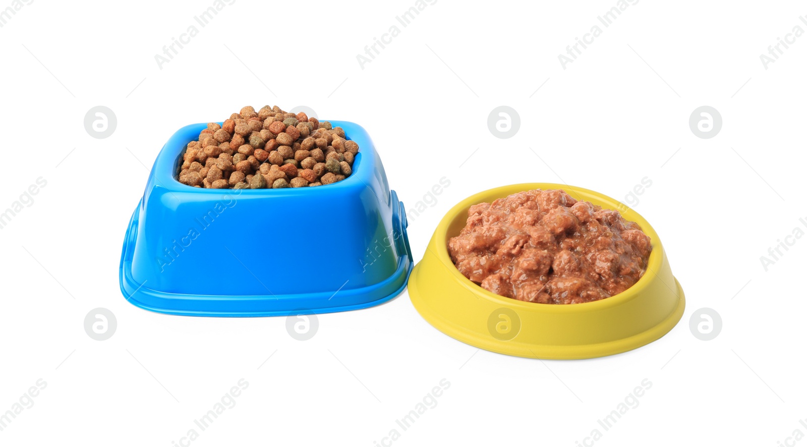 Photo of Dry and wet pet food in feeding bowls on white background