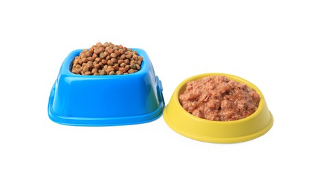 Dry and wet pet food in feeding bowls on white background