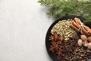 Photo of Different spices, nuts and fir branches on light gray textured table, flat lay. Space for text