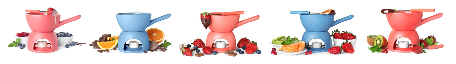 Image of Set with fondue pots with chocolate and fruits on white background. Banner design