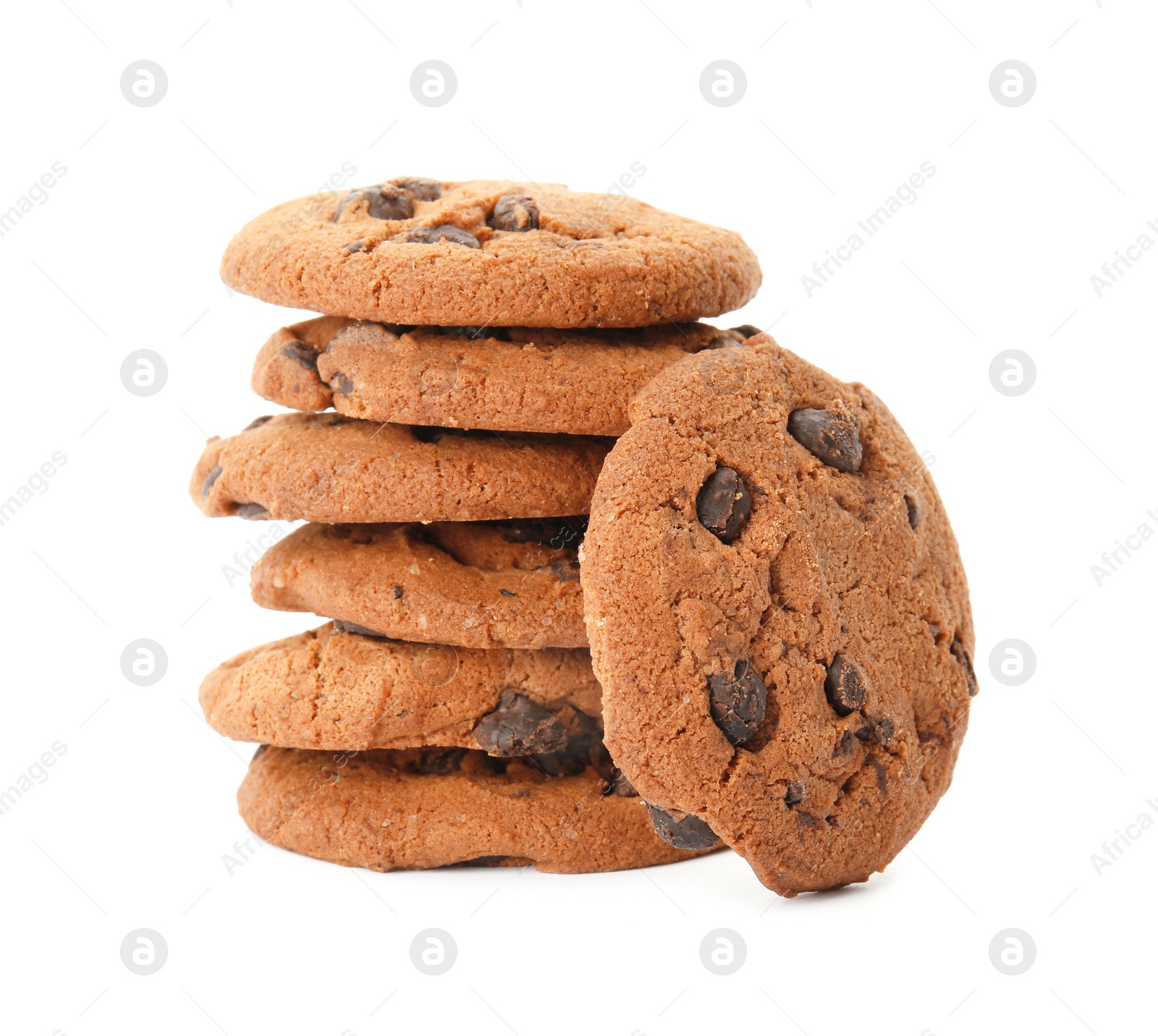 Photo of Stack of tasty chocolate chip cookies on white background