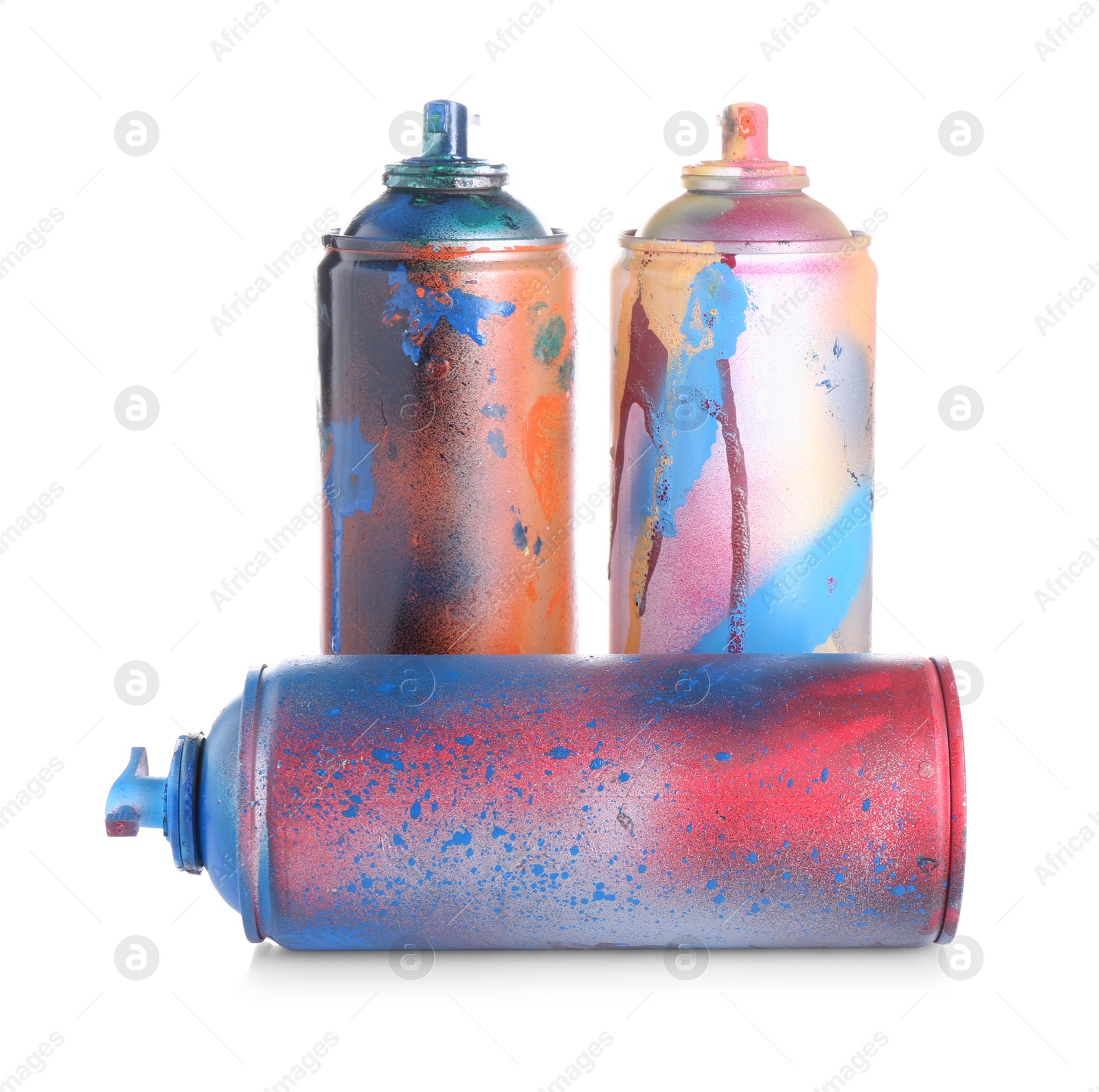 Photo of Different spray paint cans isolated on white