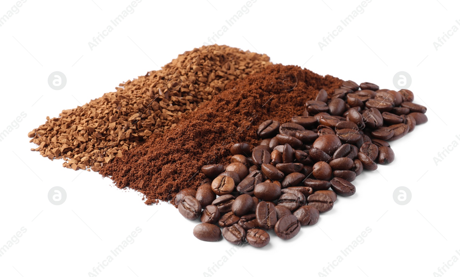 Photo of Beans, instant and ground coffee on white background