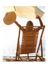 Paper photo. Woman relaxing on deck chair at sandy beach. Summer vacation