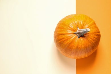 Pumpkin and space for text on color background, top view. Autumn holidays