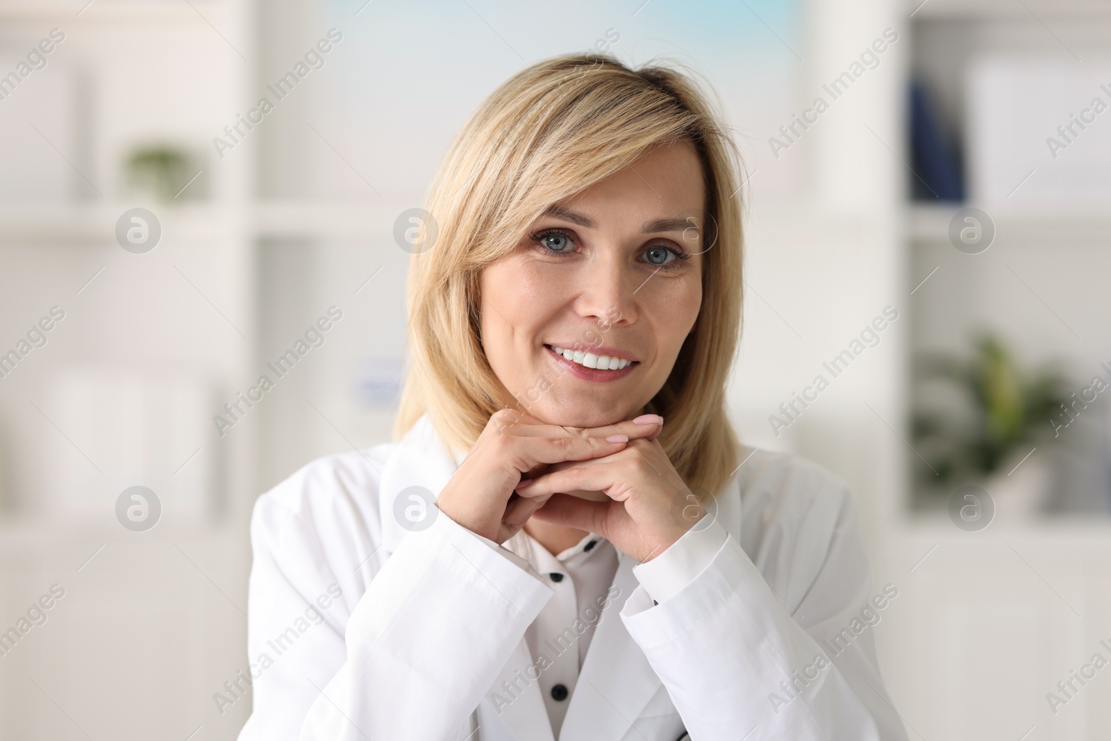 Photo of Portrait of smiling doctor on blurred background