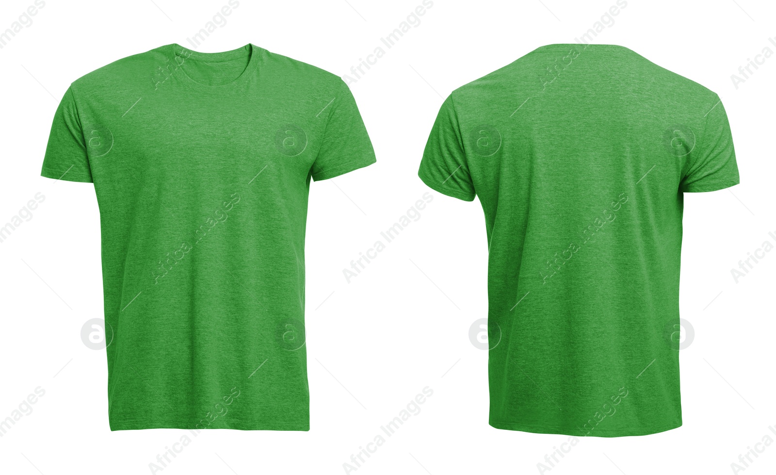 Image of Front and back views of light green men's t-shirt on white background. Mockup for design