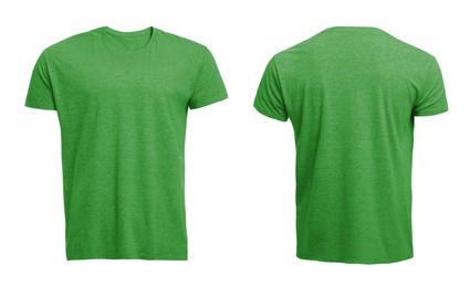 Image of Front and back views of light green men's t-shirt on white background. Mockup for design