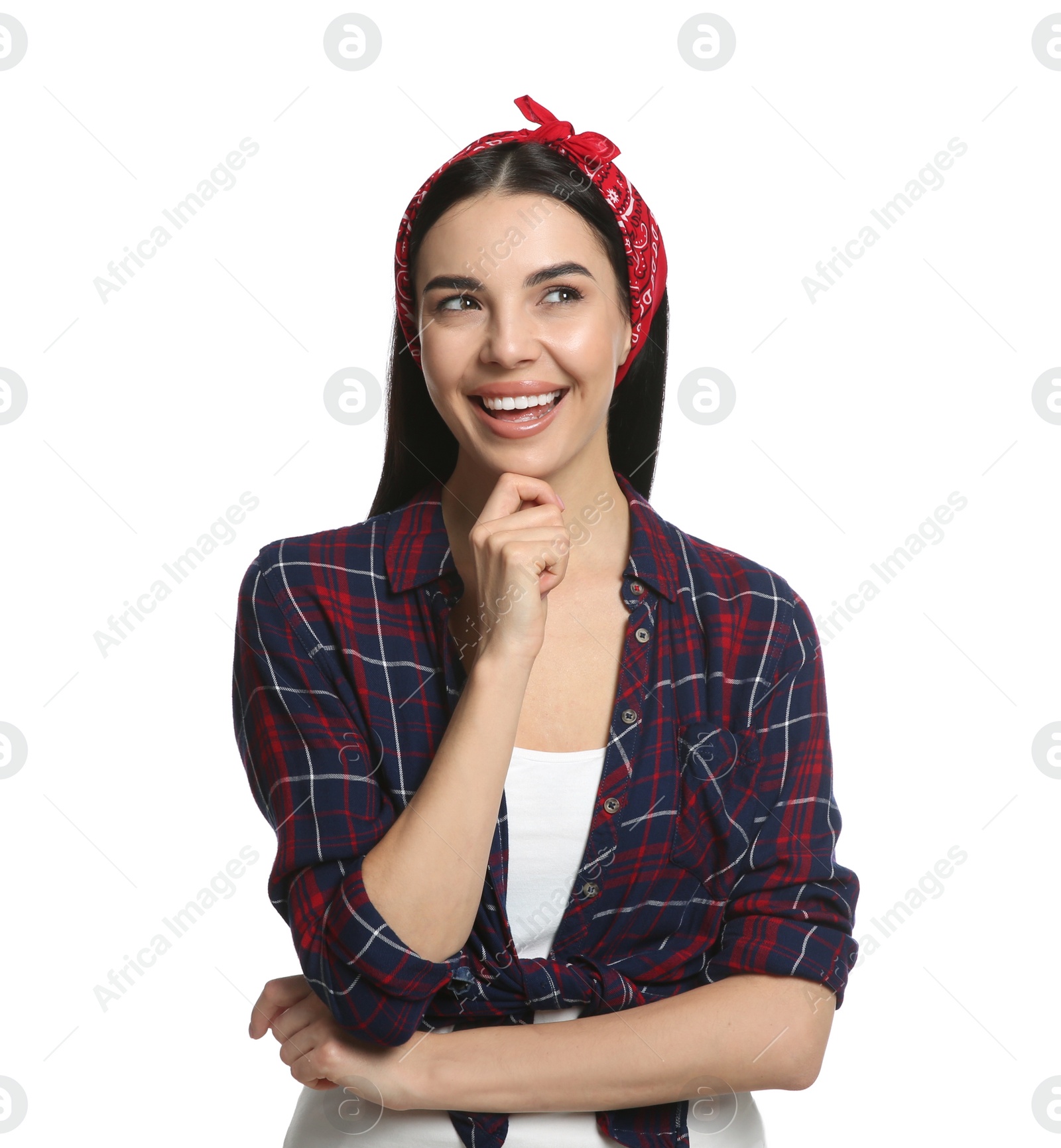 Photo of Fashionable young woman in stylish outfit with bandana on white background