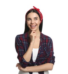Fashionable young woman in stylish outfit with bandana on white background