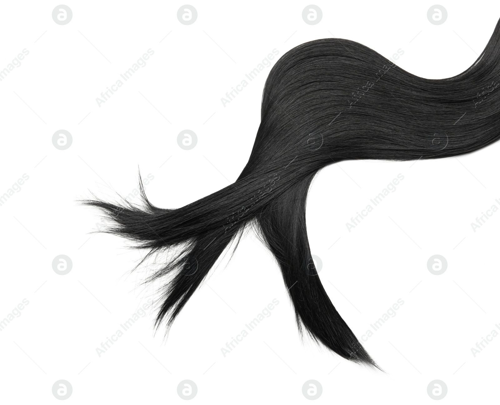 Photo of Lock of beautiful brunette straight hair isolated on white, top view