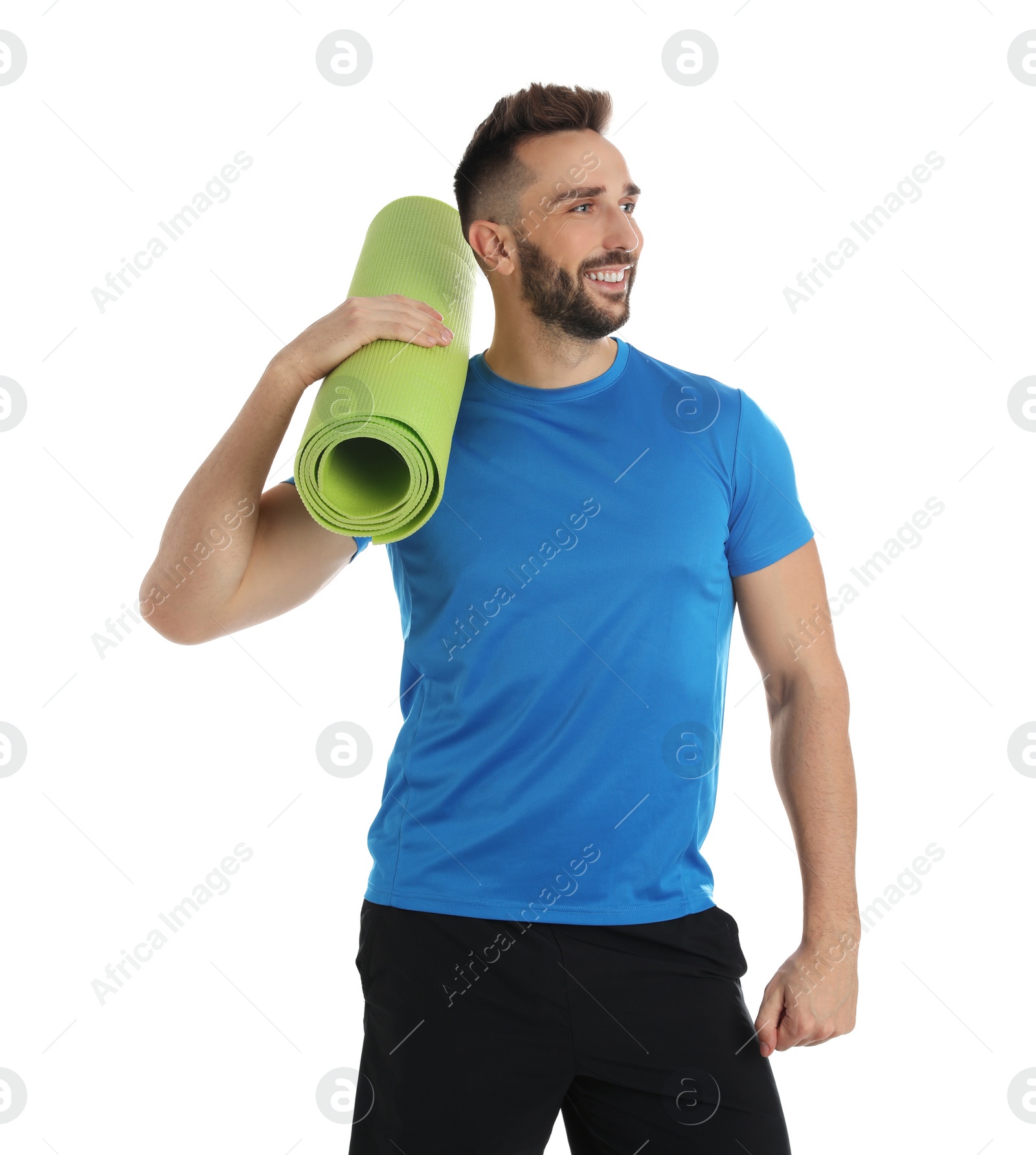 Photo of Handsome man with yoga mat on white background