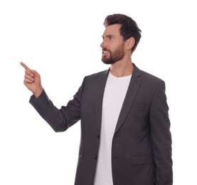 Handsome man gesturing on white background. Weather forecast reporter